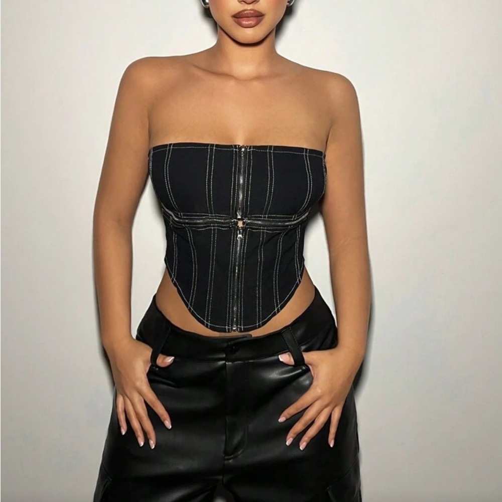 PrettyLittleThing Black Strapless Denim Corset